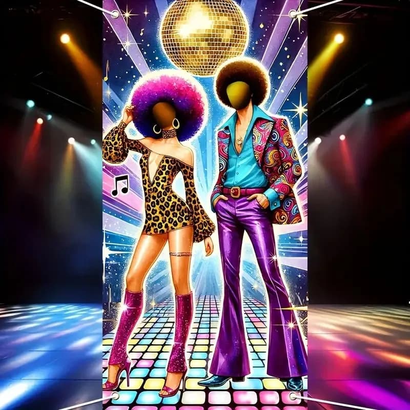 Toile de fond pour stand photo de fête de danse disco des années 70 – Bannière creuse sur le thème rétro avec néons