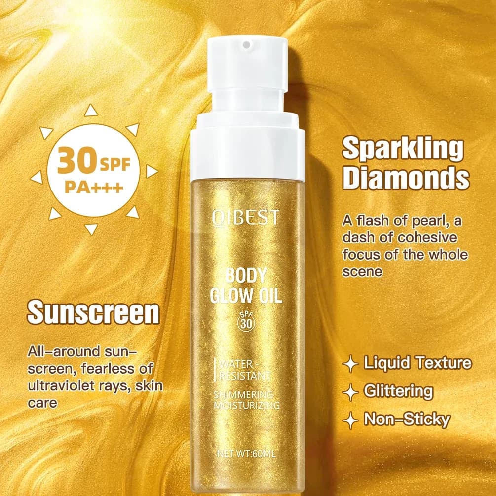 Huile Scintillante Corps QIBEST – Illuminateur Liquide Longue Durée Effet Pailleté Hydratant pour le Visage et le Corps – Maquillage Éclaircissant et Contouring