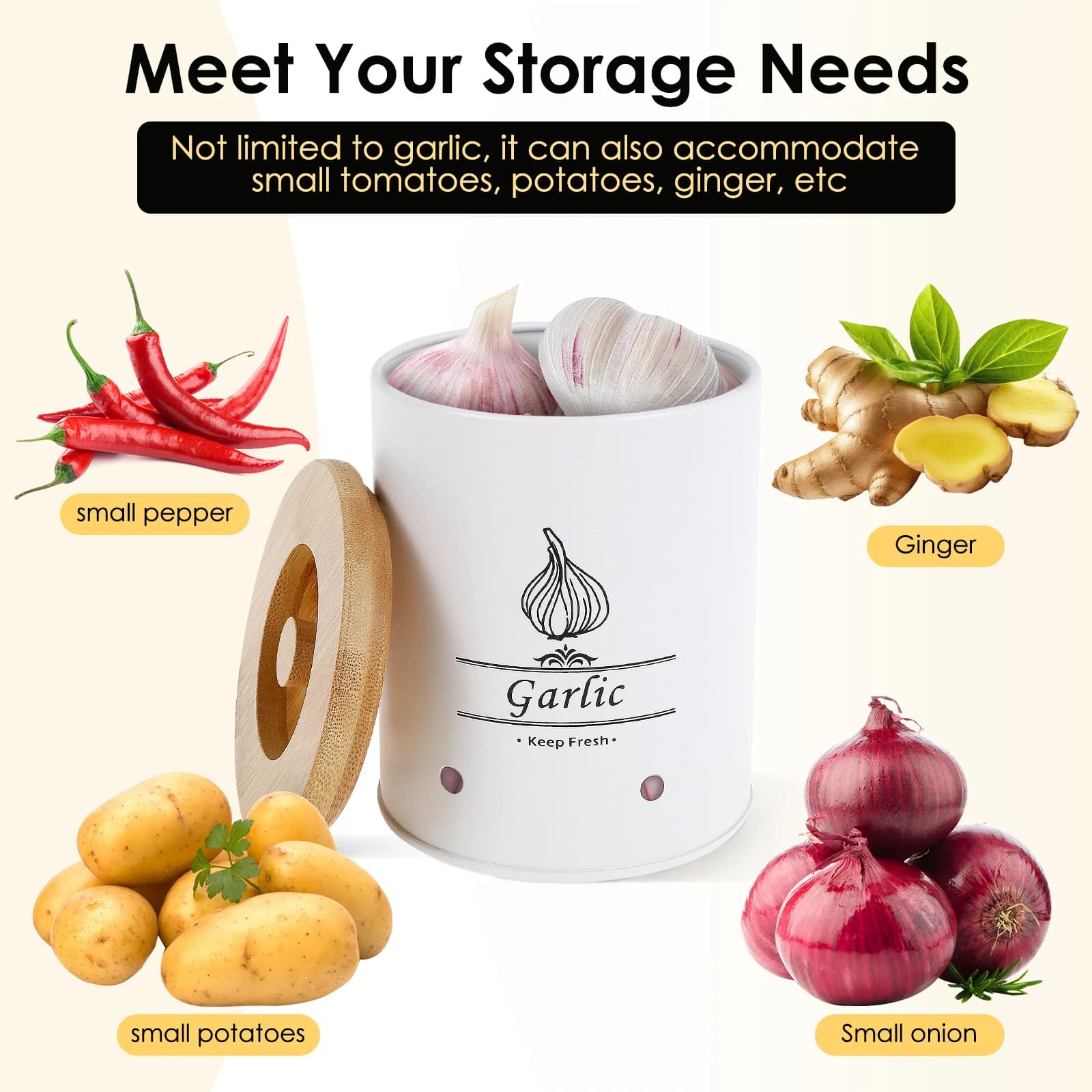 Pot de rangement pour gardien d'ail, boîte de rangement polyvalente pour oignon, pomme de terre, ail avec couvercle en bois, récipients alimentaires avec trous d'aération pour la maison