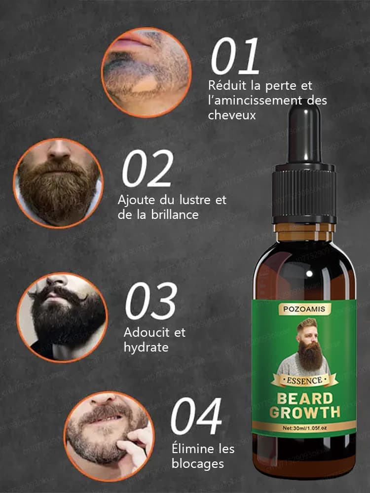Essence de croissance de la barbe. Elle aide votre barbe à pousser rapidement et est un incontournable pour les hommes matures. Elle vous donne un air plus viril et est efficace de manière permanente.