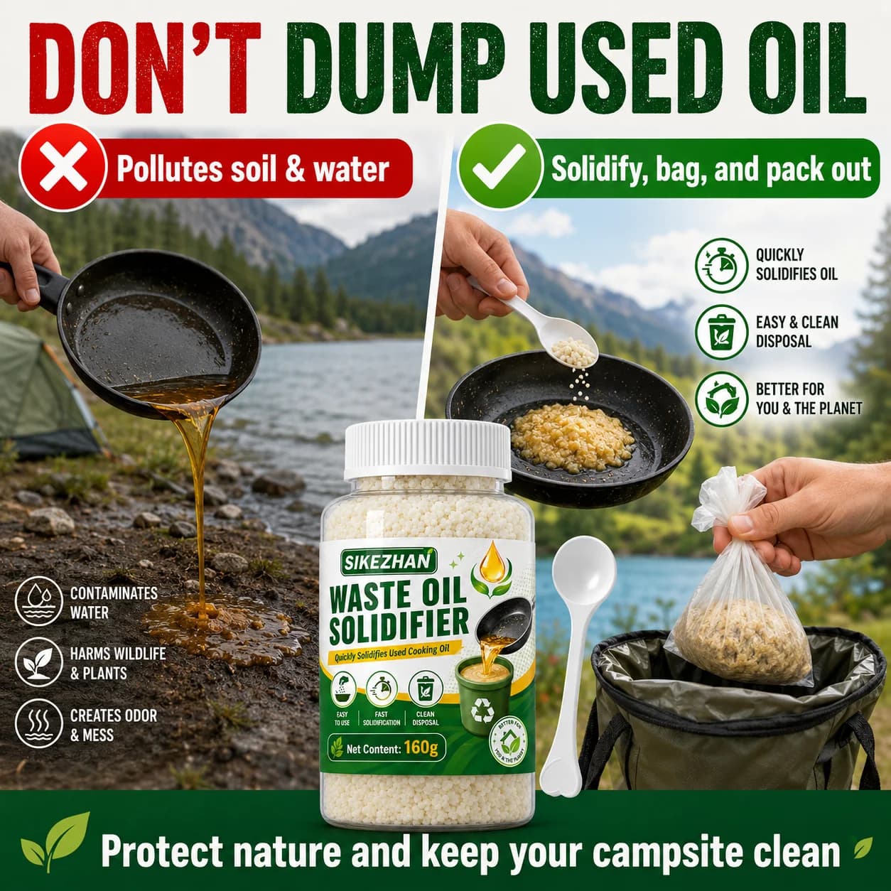 Poudre Solidifiante Écologique pour Huile de Cuisson Usagée – Durcisseur Rapide pour Camping