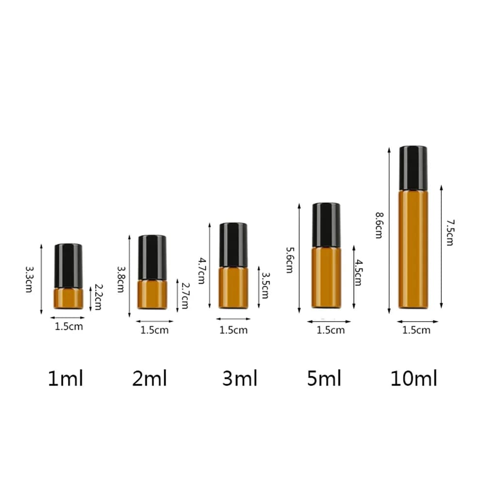 Bouteilles en verre à rouleau pour huiles essentielles, rouleau en verre rechargeable ambre, flacons d'huile métalliques, Mini bouteille, 5 à 50 pièces, 1ml, 2ml, 3ml, 5ml, 10ml