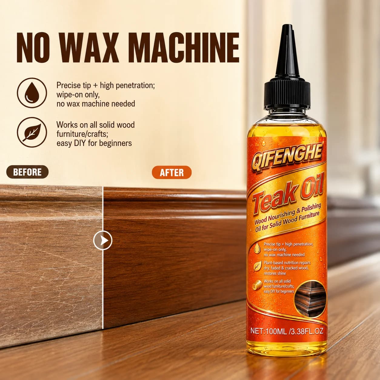 Huile de teck professionnelle pour meubles en bois 100ML, soin nourrissant facile à appliquer pour réparer le bois endommagé et restaurer une brillance durable
