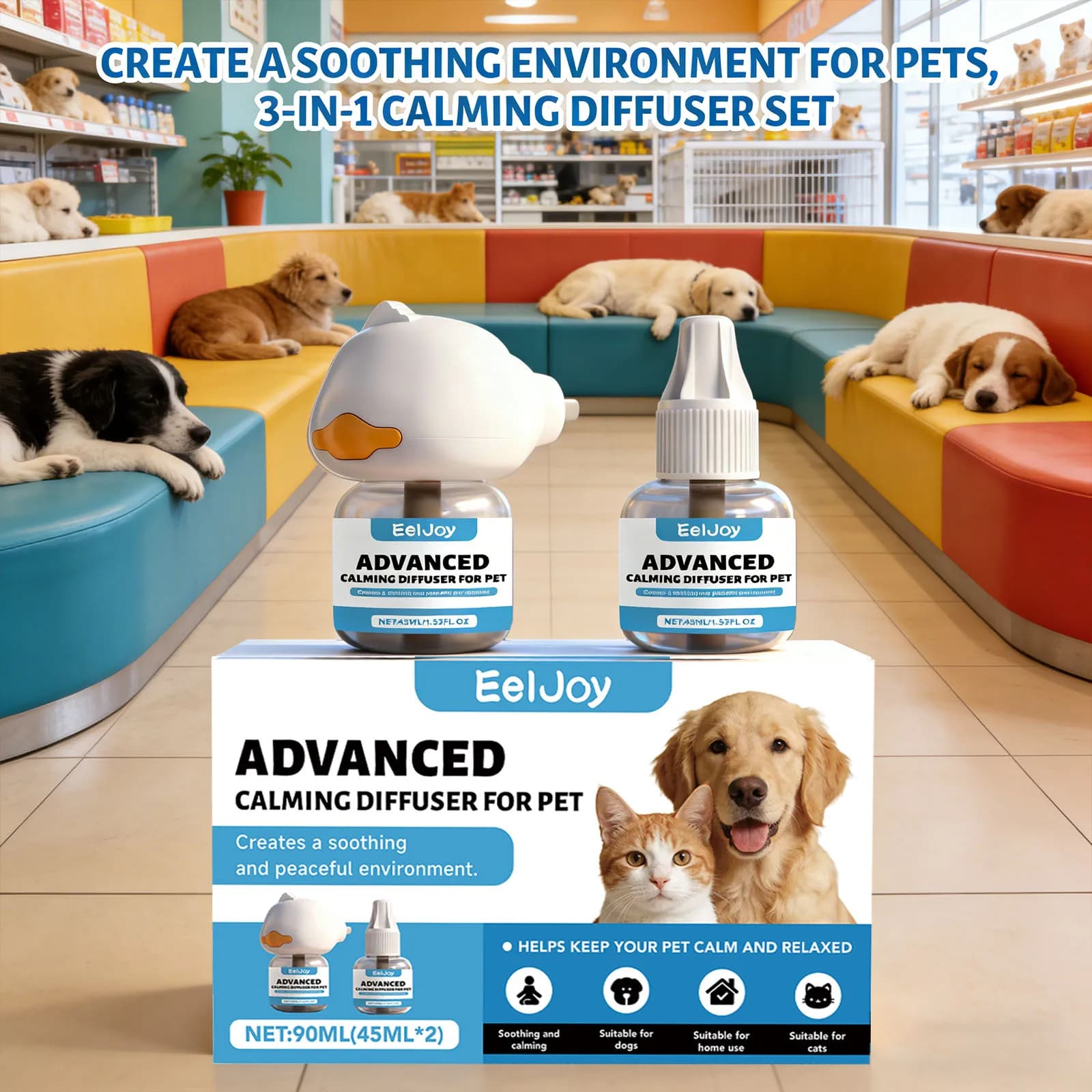 Kit diffuseur apaisant pour chien, relaxation, anti-anxiété, prévention du stress environnemental, prévention de l'incontinence urinaire, liquide apaisant pour animaux de compagnie