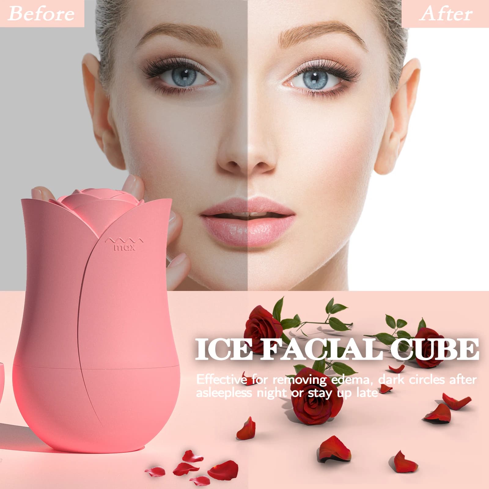 Rouleau de glace en forme de Rose pour le visage, masseur à compresse froide Portable et réutilisable pour éliminer les poches du visage du matin, utilisation facile, 1 pièce