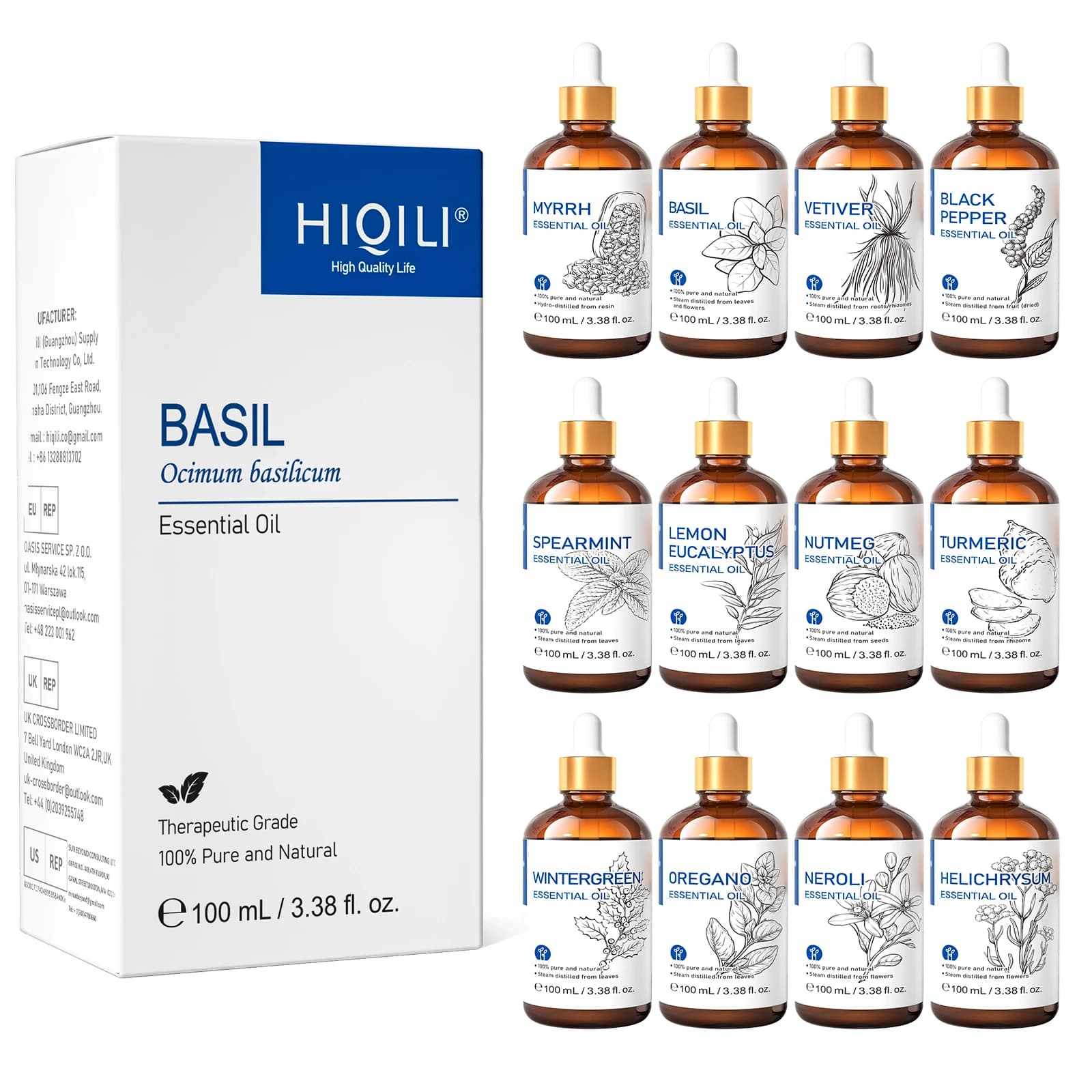 HIQILI 100ml Huile essentielle aromatique de haute qualité 100% naturelle à la lavande/vanille/basilic/rose, plusieurs parfums, 1 pièce