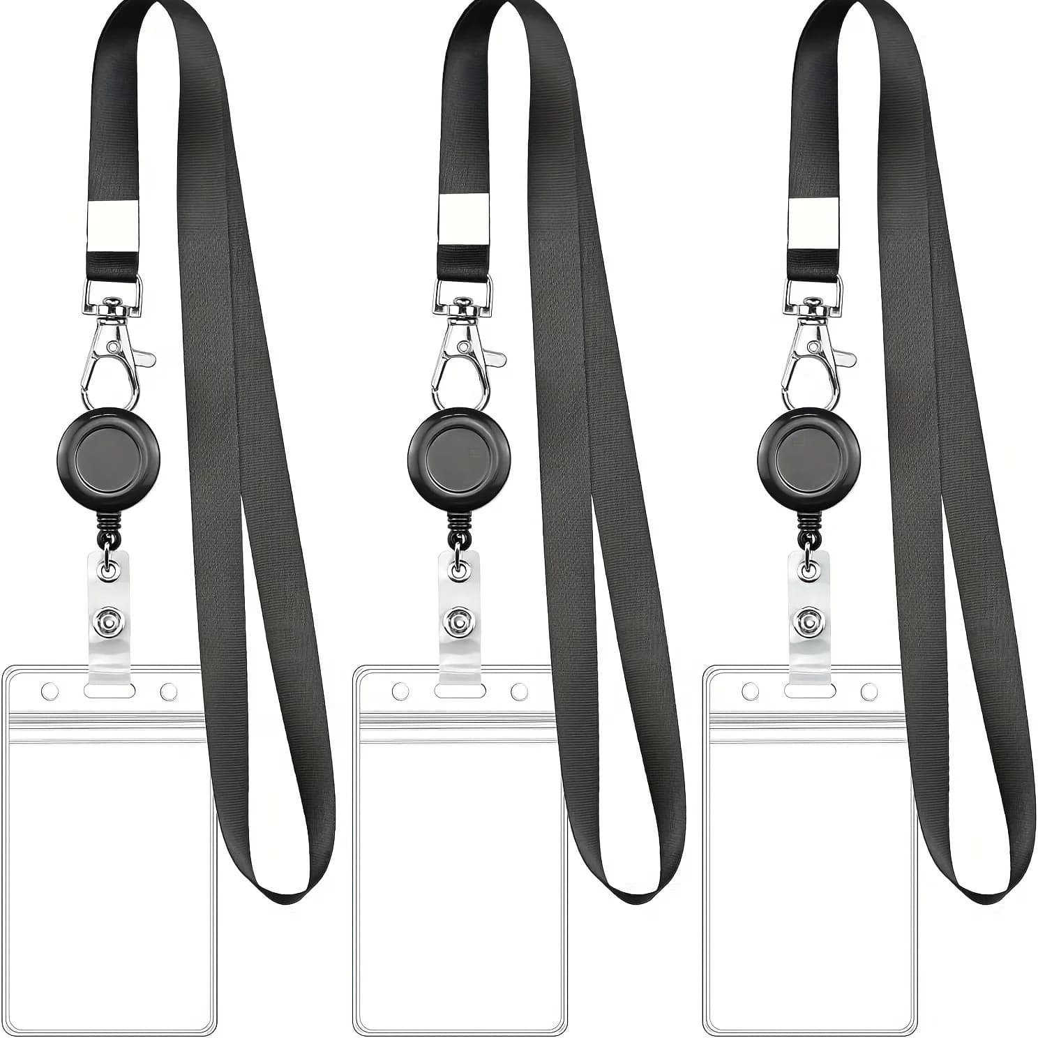 Ensemble de bobines de badges rétractables noires avec fermoir mousqueton et porte-carte en PVC étanche, lanière durable, pour identification de travail et étiquettes nominatives