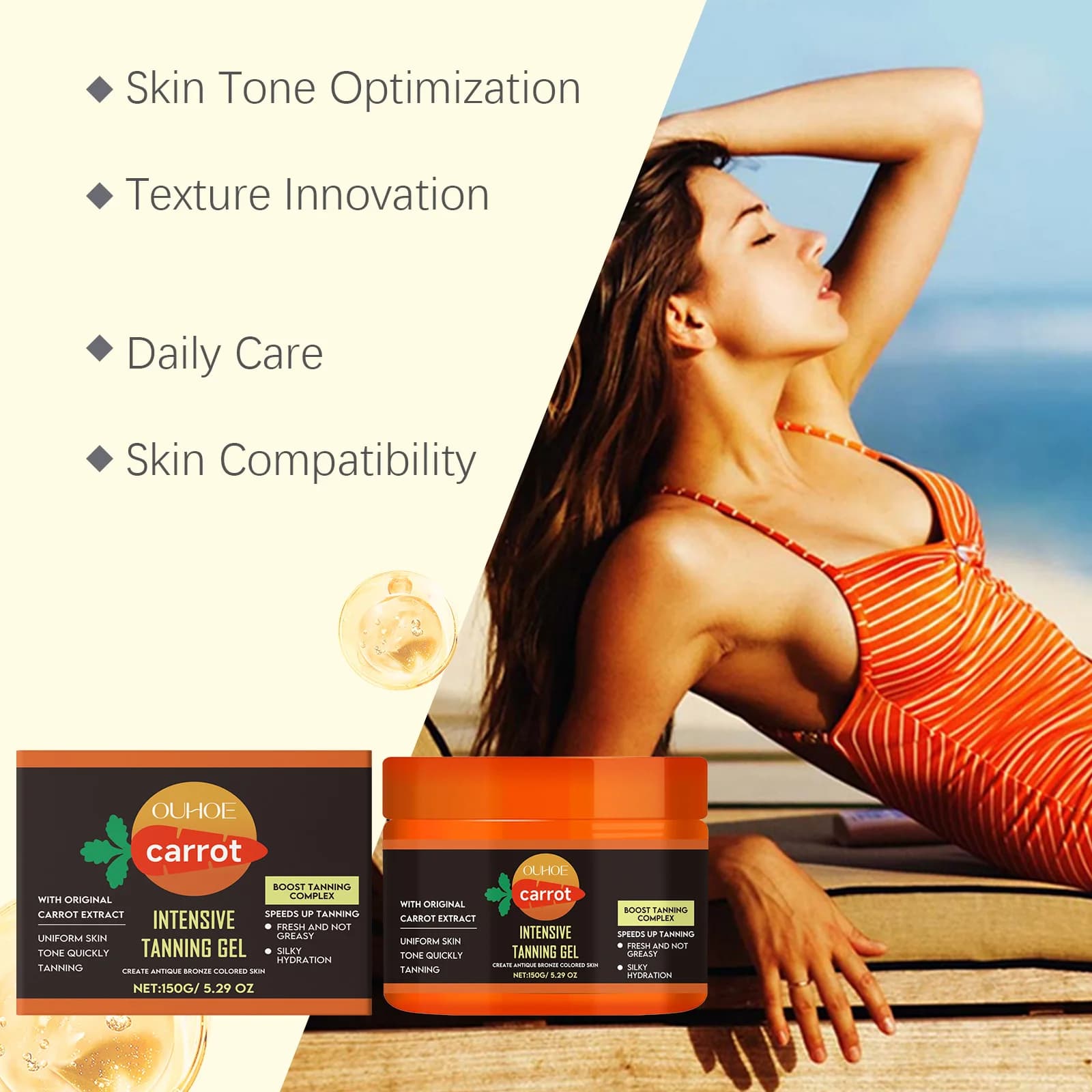 Gel de bronzage carotte hydratant léger à absorption rapide Gel bronzant