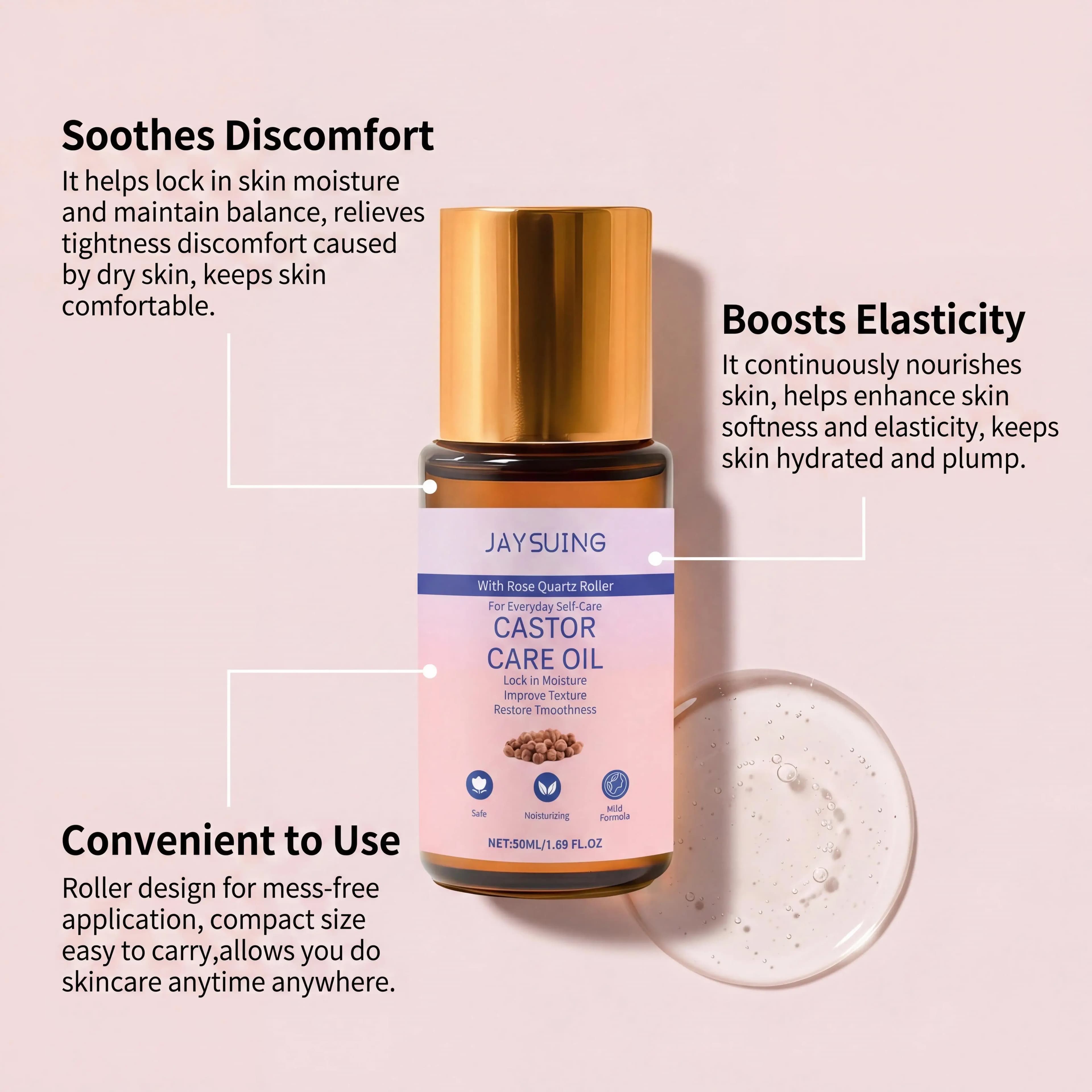 Huile de ricin biologique naturelle avec rouleau en quartz rose