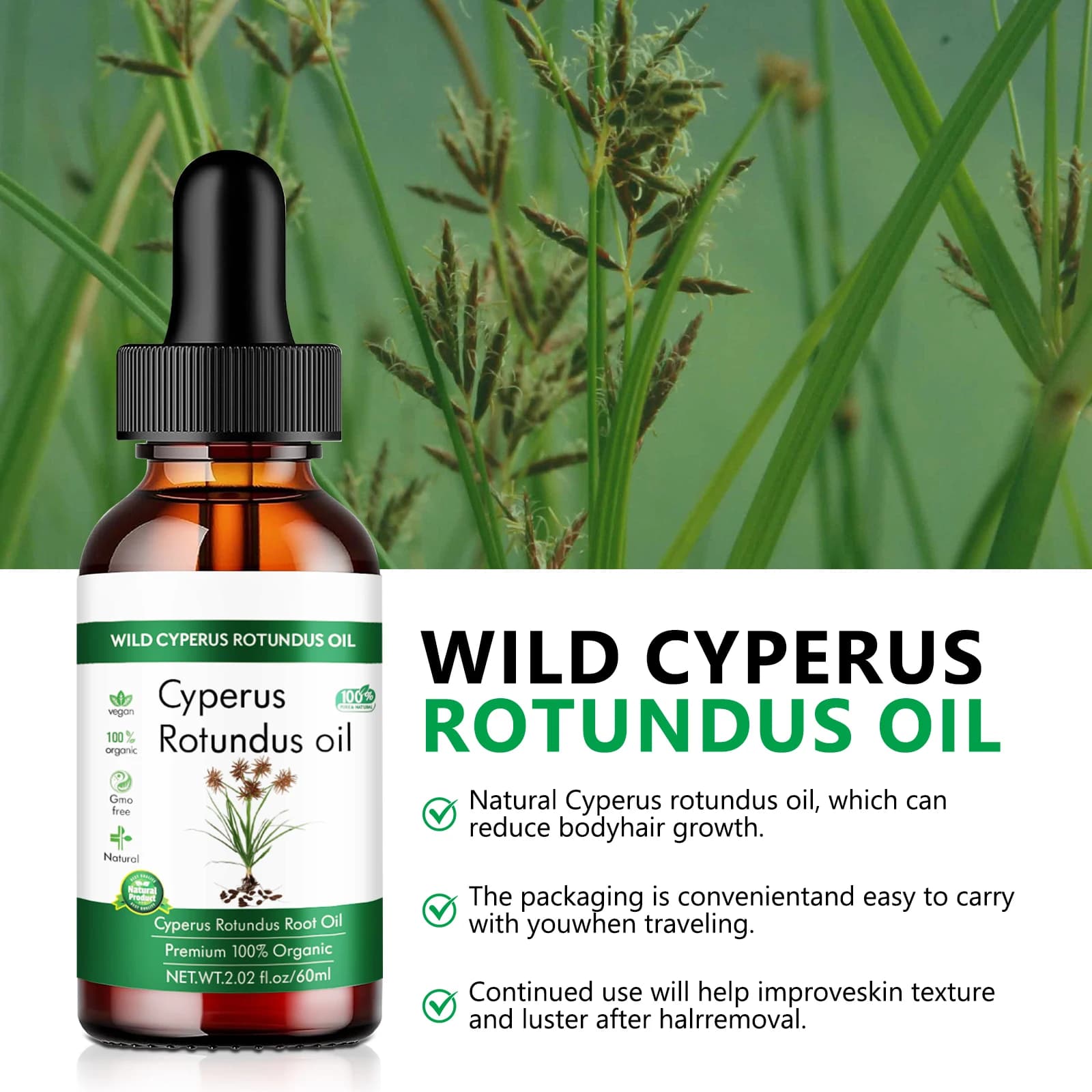 Huile de racine biologique Wild Cyrperus Rotundus (herbe aux noix) 60 ml - Huile faciale végétalienne naturelle pour une peau apaisante, apaisante et nourrissante.