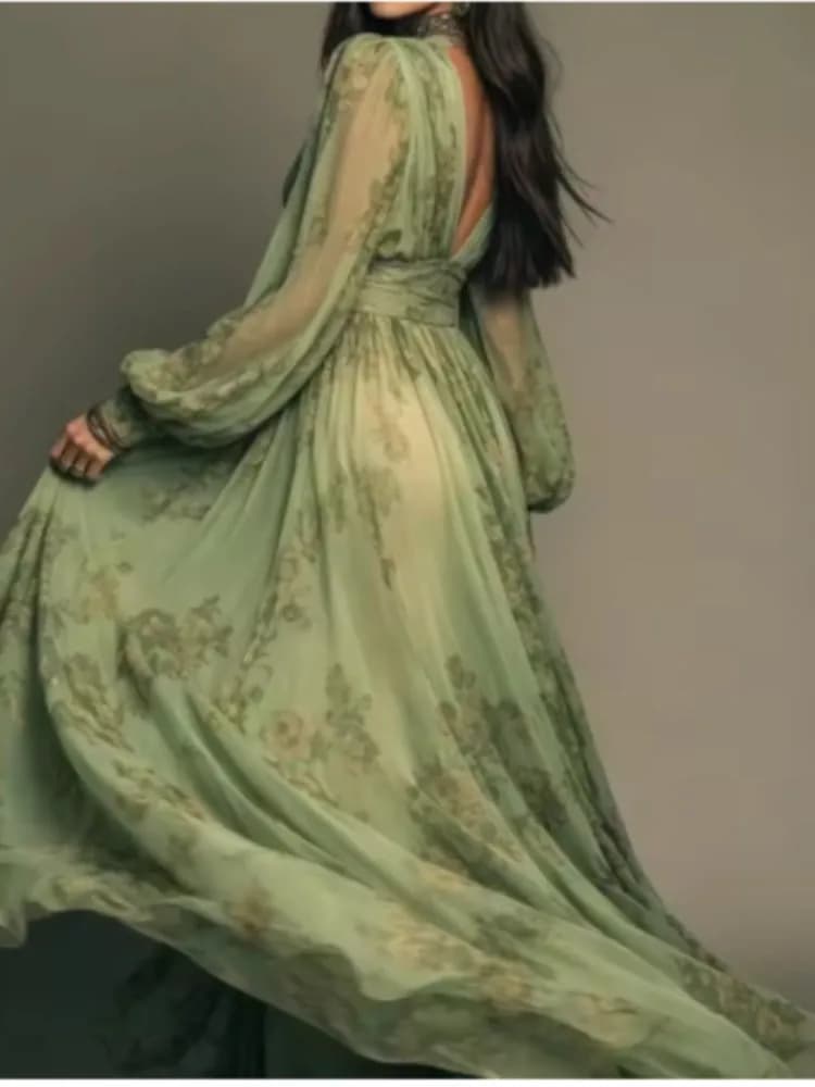 Nouvelle Robe Longue Fluide à Col en V et Manches Longues Imprimées pour Femme, Taille Cintrée, Jupe Longue Drapée, Élégante et Tendance pour le Printemps