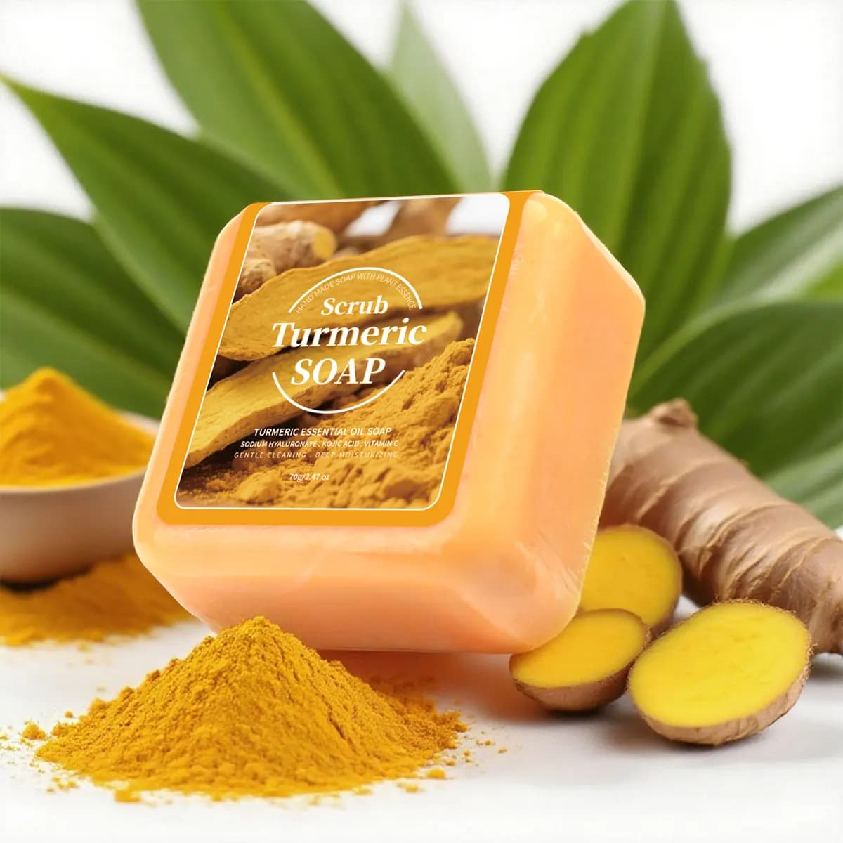 Le savon nettoyant aux huiles essentielles de curcuma contenant l'acide citrique Vc peut nettoyer en profondeur et éclaircir la peau, c'est un savon jetable