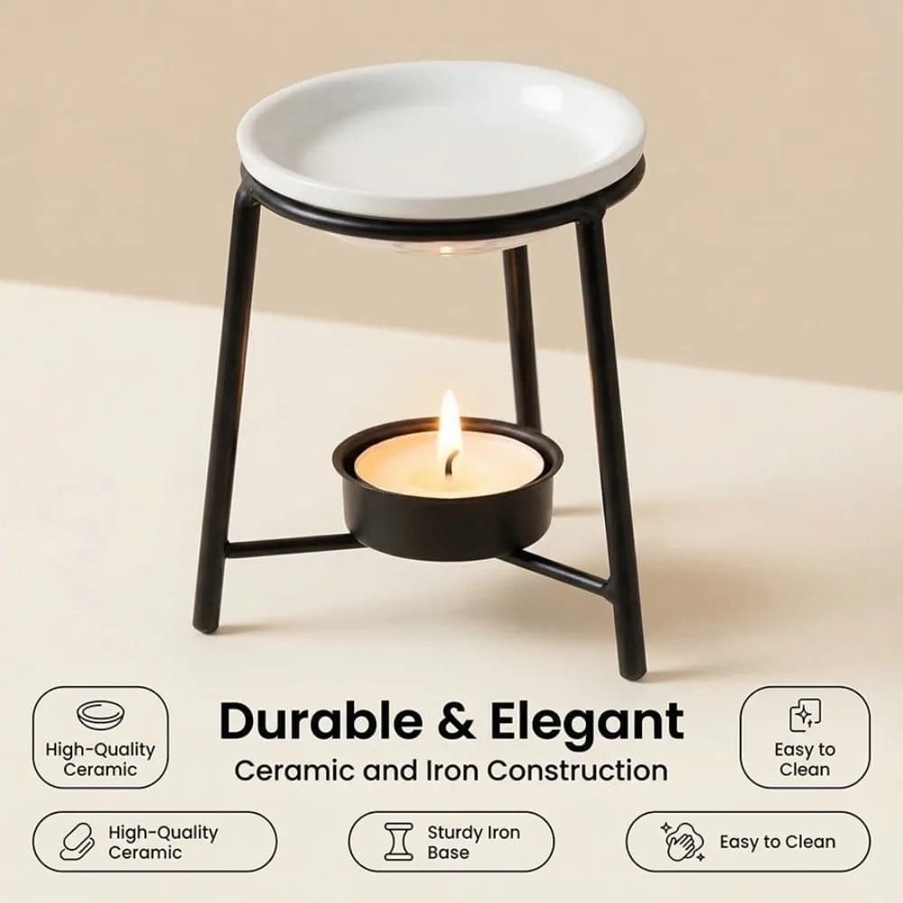 Brûleur d'aromathérapie en céramique avec base en fer ajourée, diffuseur d'huiles essentielles, support métallique romantique, chauffe-cire pour bougies, idéal pour le bureau