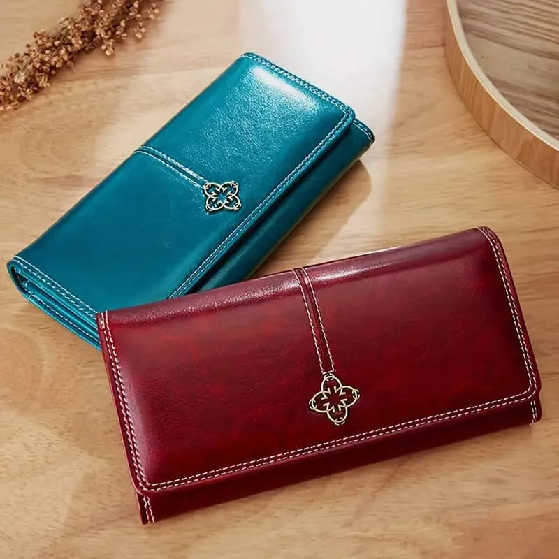 Portefeuille Long en cuir ciré à l'huile pour femmes, pince à billets rétro, grande capacité, pochette, porte-carte, haute qualité