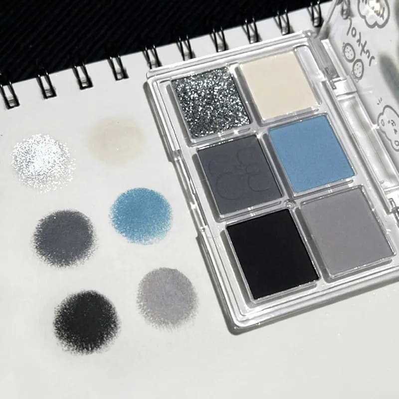 Palette de fards à paupières fumés, gris mat, bleu, 6 couleurs, paillettes argentées, acrylique, maquillage longue durée, cosmétiques