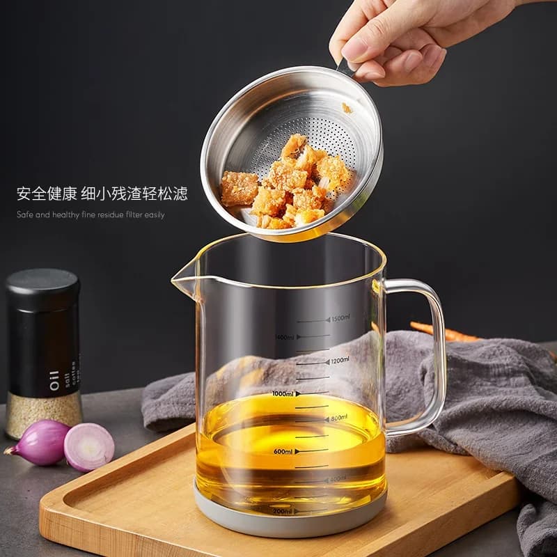 Pot à huile en verre transparent 1L/1.5L avec échelle graduée, séparateur et réservoir de stockage d'huile de cuisine avec filtre à mailles fines, récipient à graisse