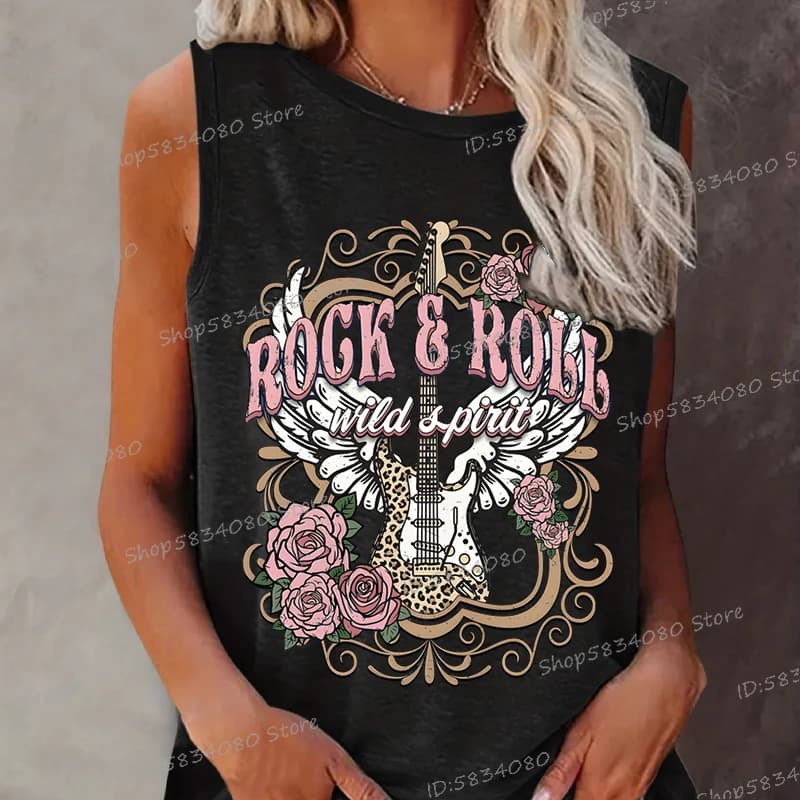 Rock Roll Wild T-shirts Style Vintage Rose guitare chemise nouvelle mode d'été col rond t-shirt mélomane femmes sans manches débardeurs hauts