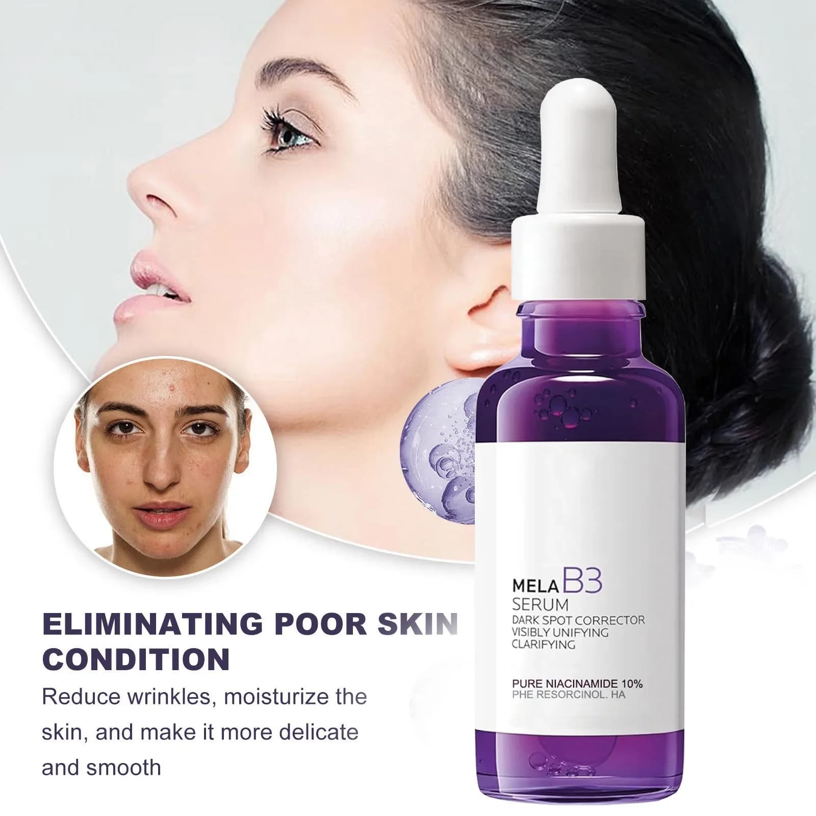 Sérum éclaircissant à la vitamine B3 (flacon violet) - Atténue les taches brunes, unifie le teint, raffermit et améliore l'élasticité grâce à une hydratation intense