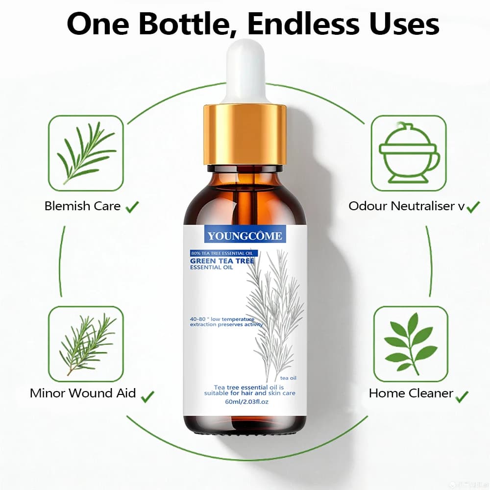 YOUNGCOME Huile essentielle d'arbre à thé pur - Solution naturelle de soin pour cheveux et peau infusée au thé vert pour voiture hydratante et rafraîchissante quotidienne