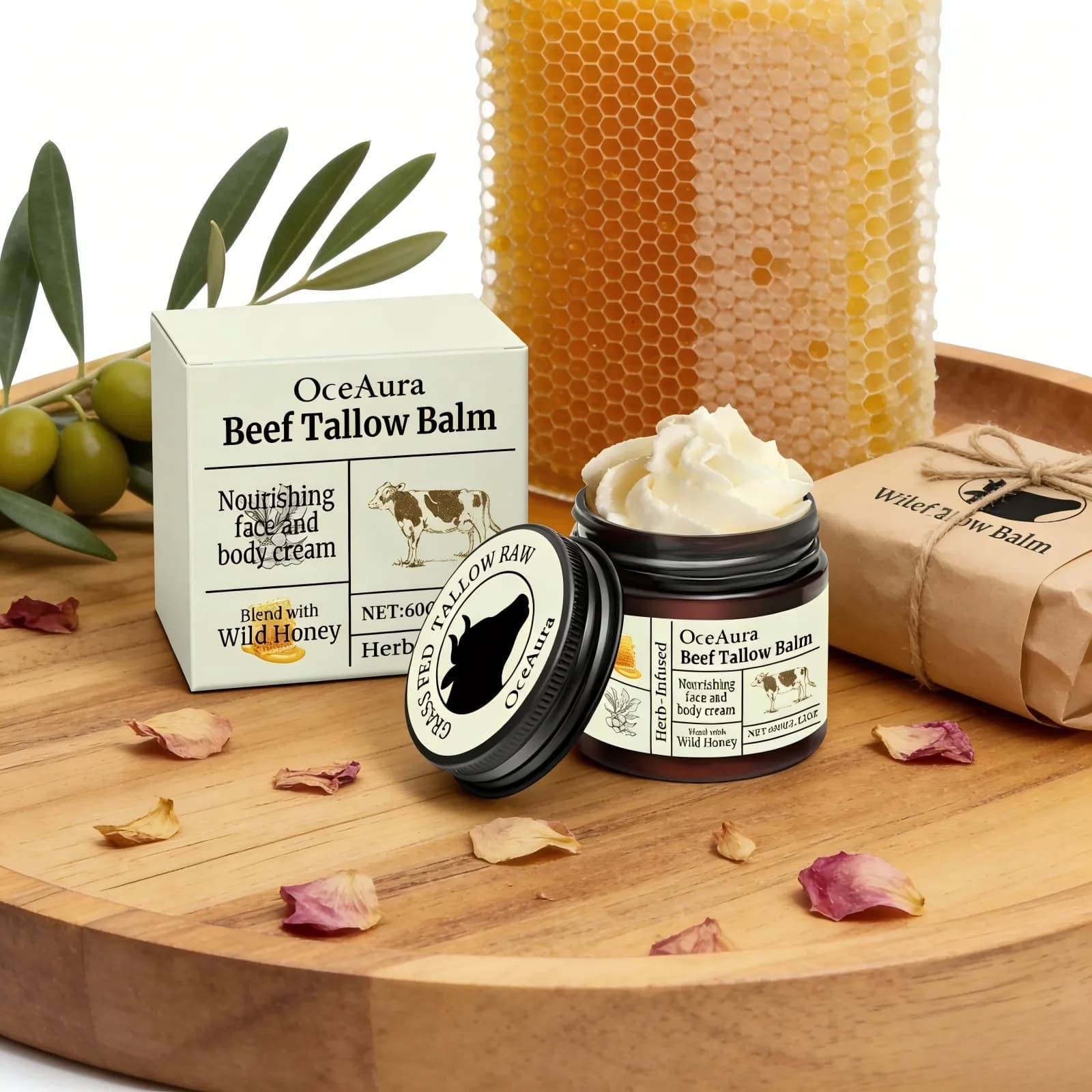 Baume au suif de bœuf et au miel OceAura – Soin réparateur de la barrière cutanée, hydratant corporel anti-gerçures, crème nourrissante pour le visage à l'huile d'olive