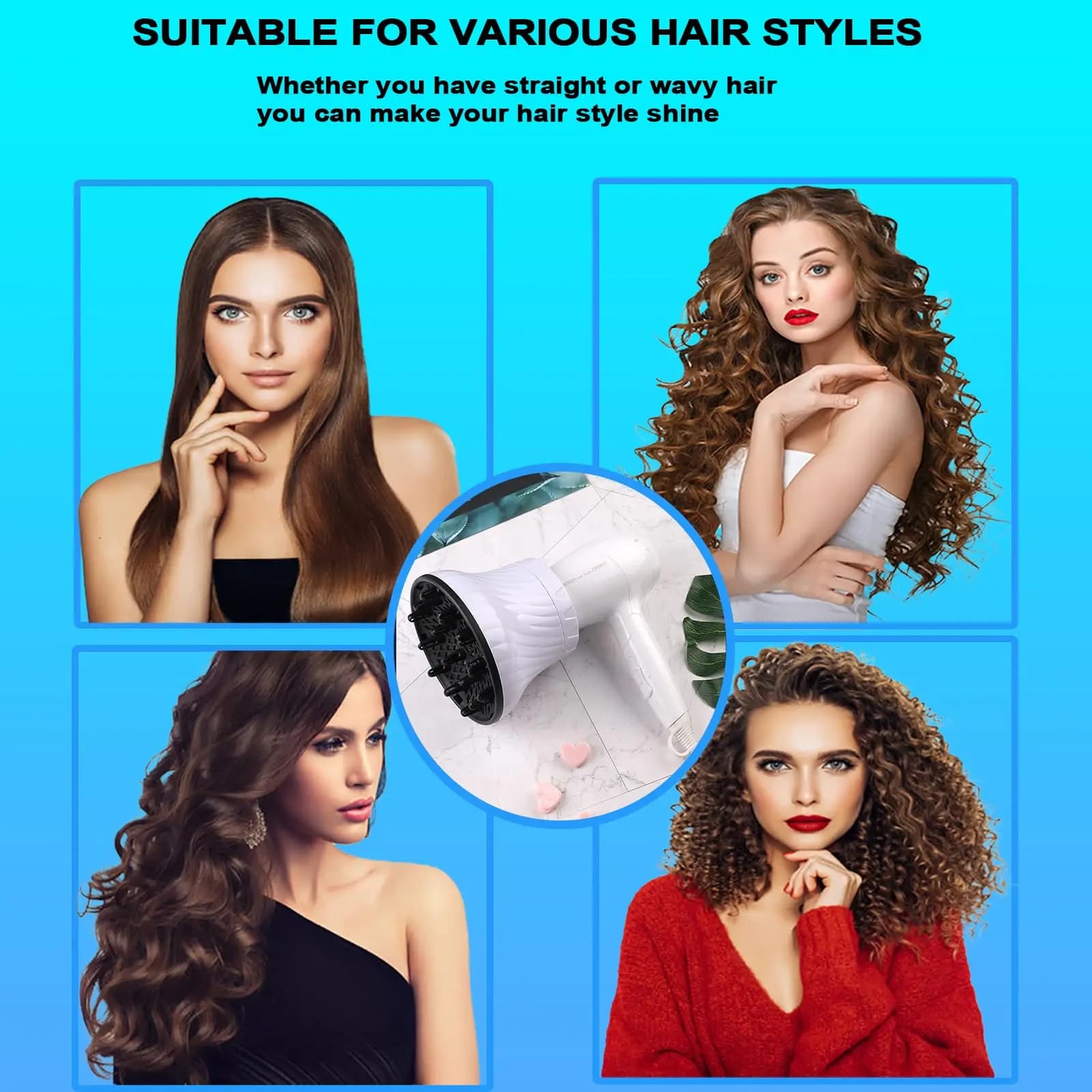 Diffuseur de Cheveux à Usage Spécial Adaptable pour Sèche-Cheveux avec Design Rotatif, Bouclés, Grand Vent, Outils de Forme