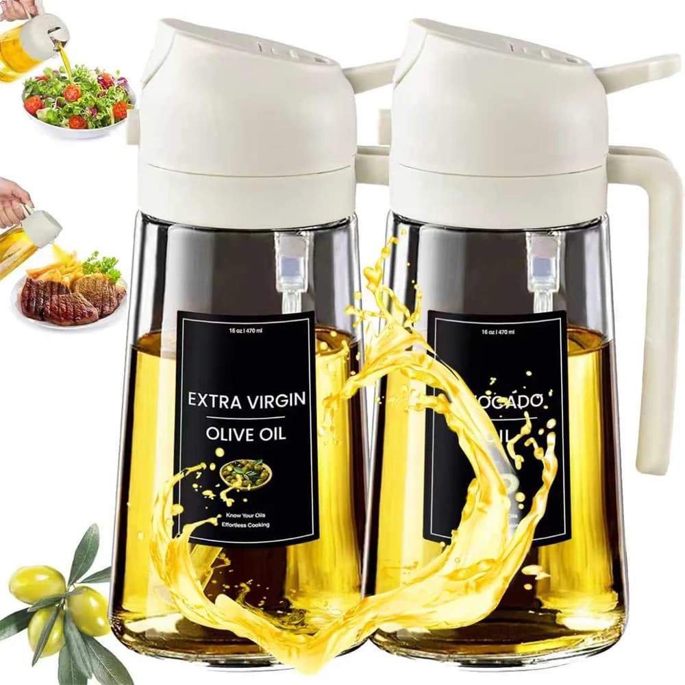 Distributeur d'huile 2 en 1, pulvérisateur d'huile pour la cuisson, distributeur d'huile 16oz/470ML pour la cuisine, bouteille distributrice d'huile d'olive avec autocollants
