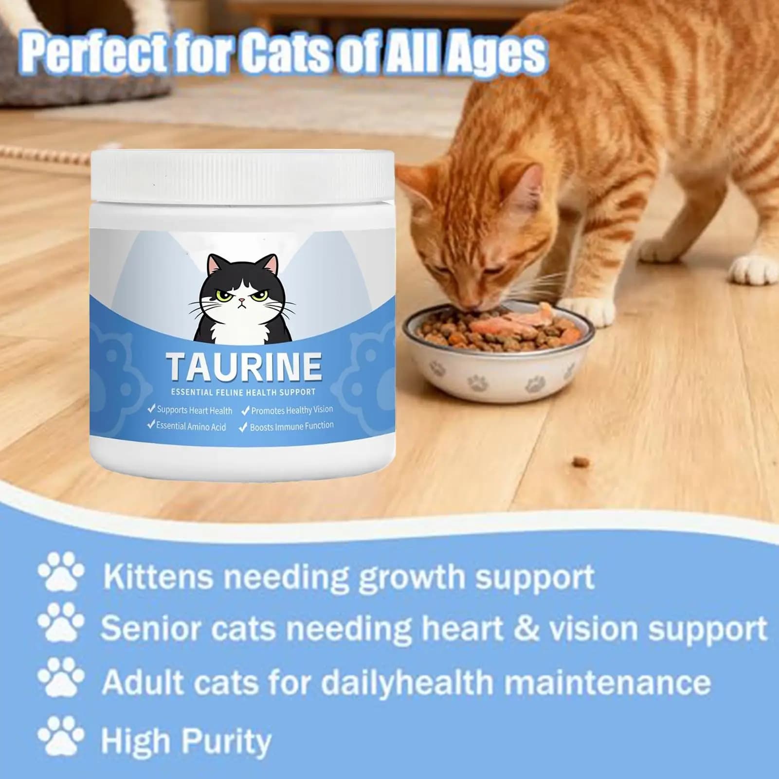 Compléments pour chats : Poudre hydrosoluble pour la santé oculaire et compléments cardiaques à mélanger dans la nourriture, pour l'entretien quotidien des chatons et des chats seniors, à la maison et