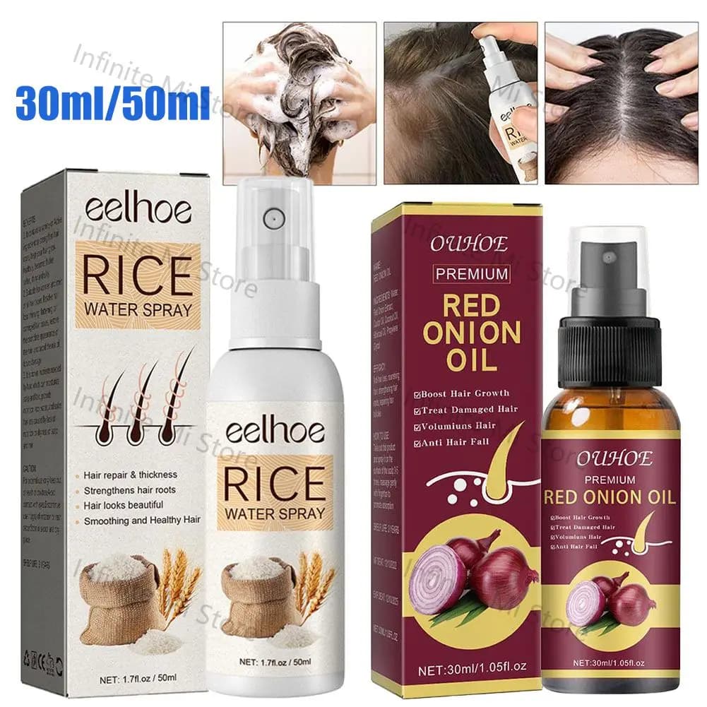 Huile essentielle d'oignon rouge pour les cheveux abîmés, spray hydratant à l'eau de riz, traitements capillaires, produits de soins capillaires