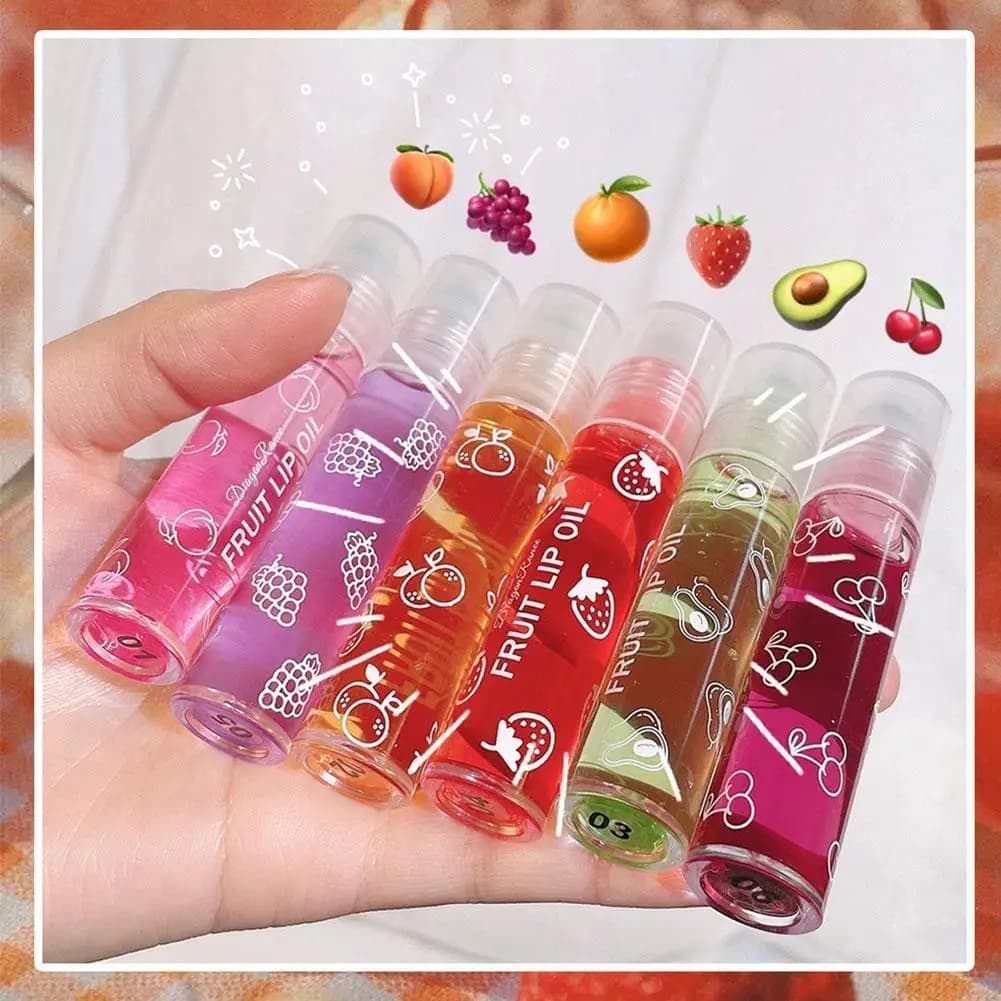Baume à lèvres à l'essence de fruits à rouler, 6 couleurs, brillant à lèvres fruité, huile hydratante, huile transparente, miroir aléatoire