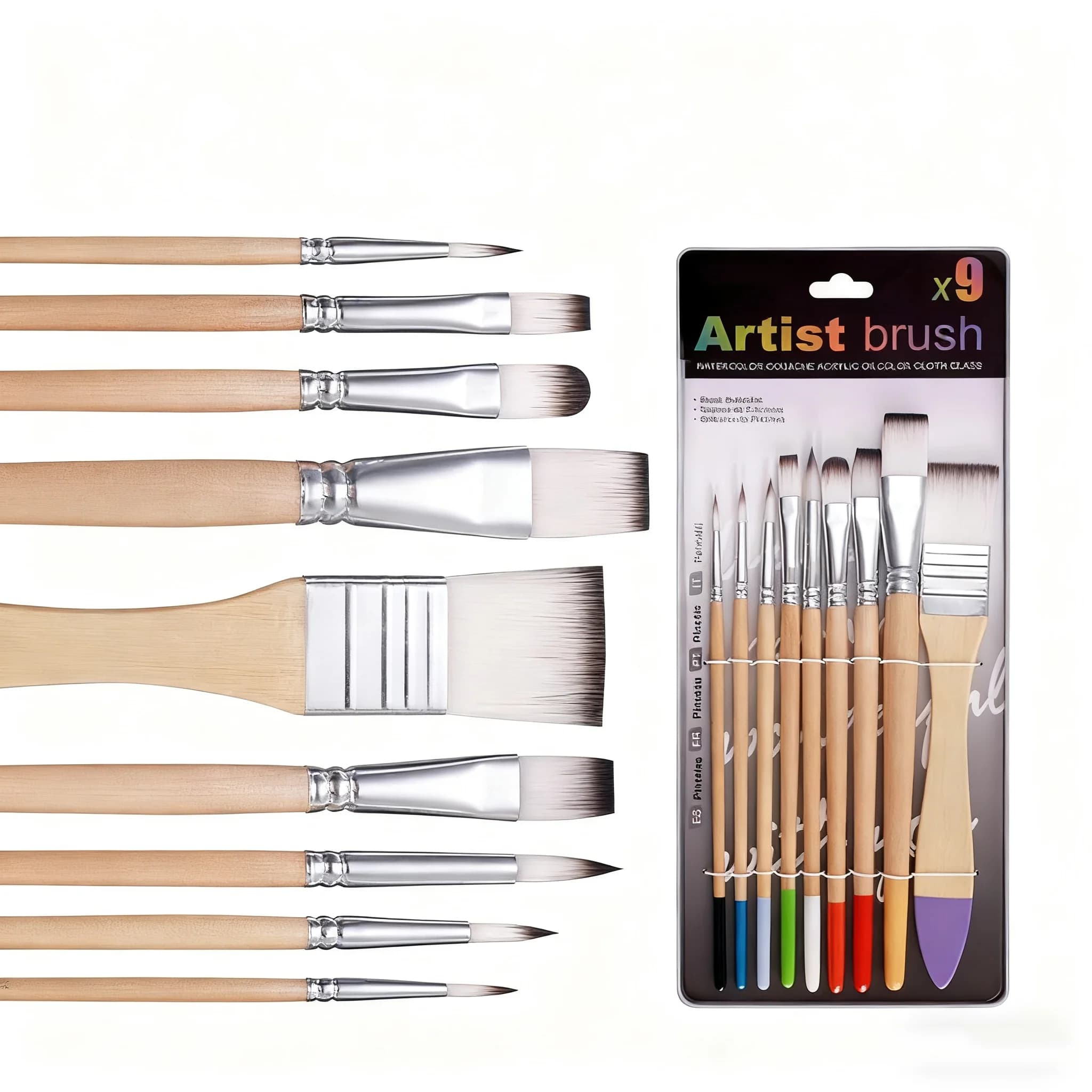 Ensemble de pinceaux pour débutants, 9 pièces, poils en Nylon pour toile, aquarelle, peinture à l'huile acrylique, outils de peinture d'artiste