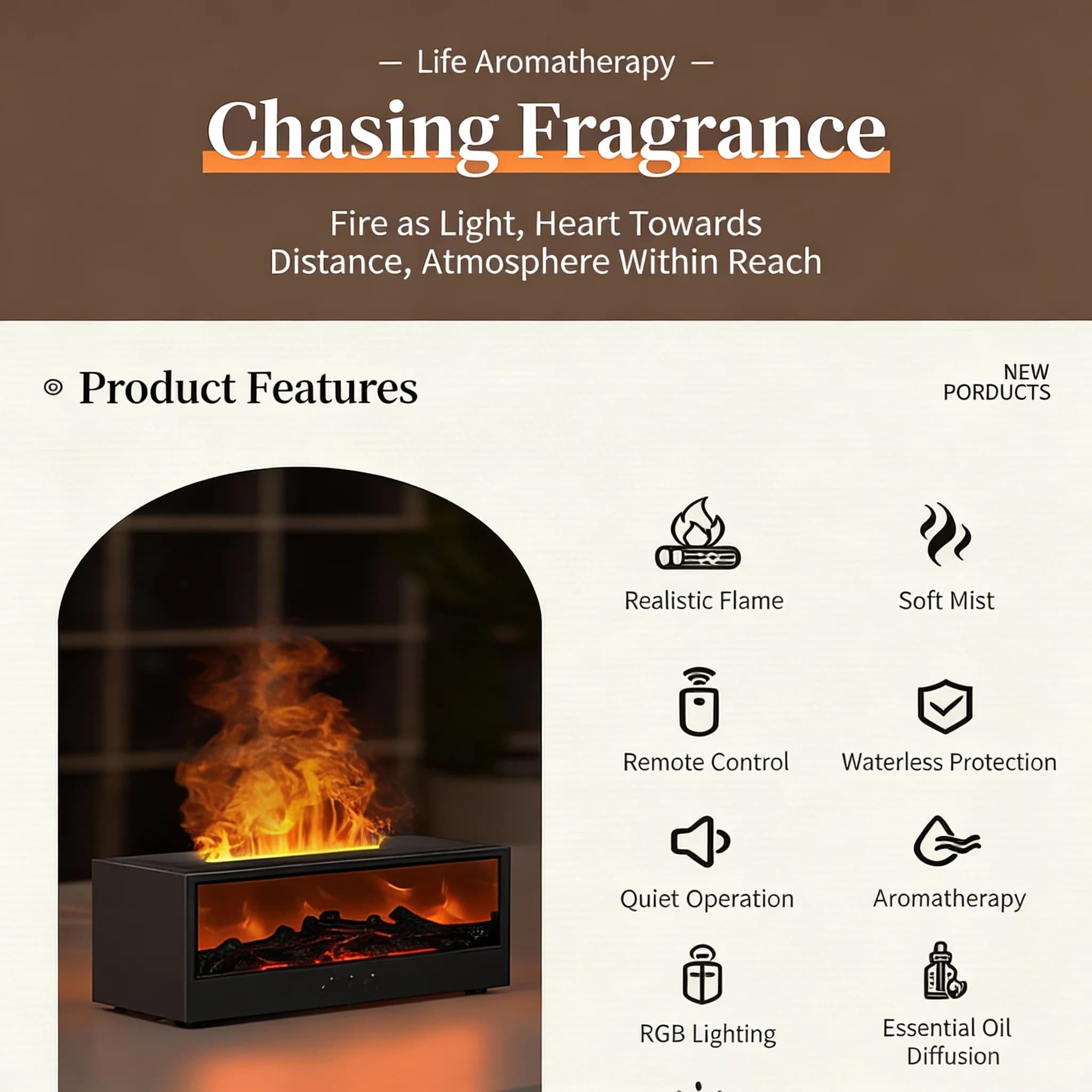 Diffuseur d'huiles essentielles 7 couleurs, diffuseur d'arôme de flamme de cheminée, humidificateur d'air USB avec télécommande pour chambre à coucher, maison, bureau