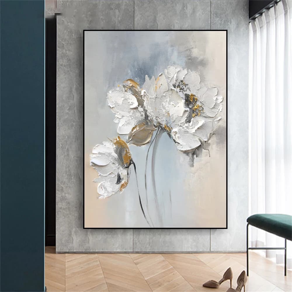 Affiche de peinture à l'huile de fleurs blanches abstraites, art mural texturé floral moderne, impressions de peinture sur toile, décoration de salon à la maison