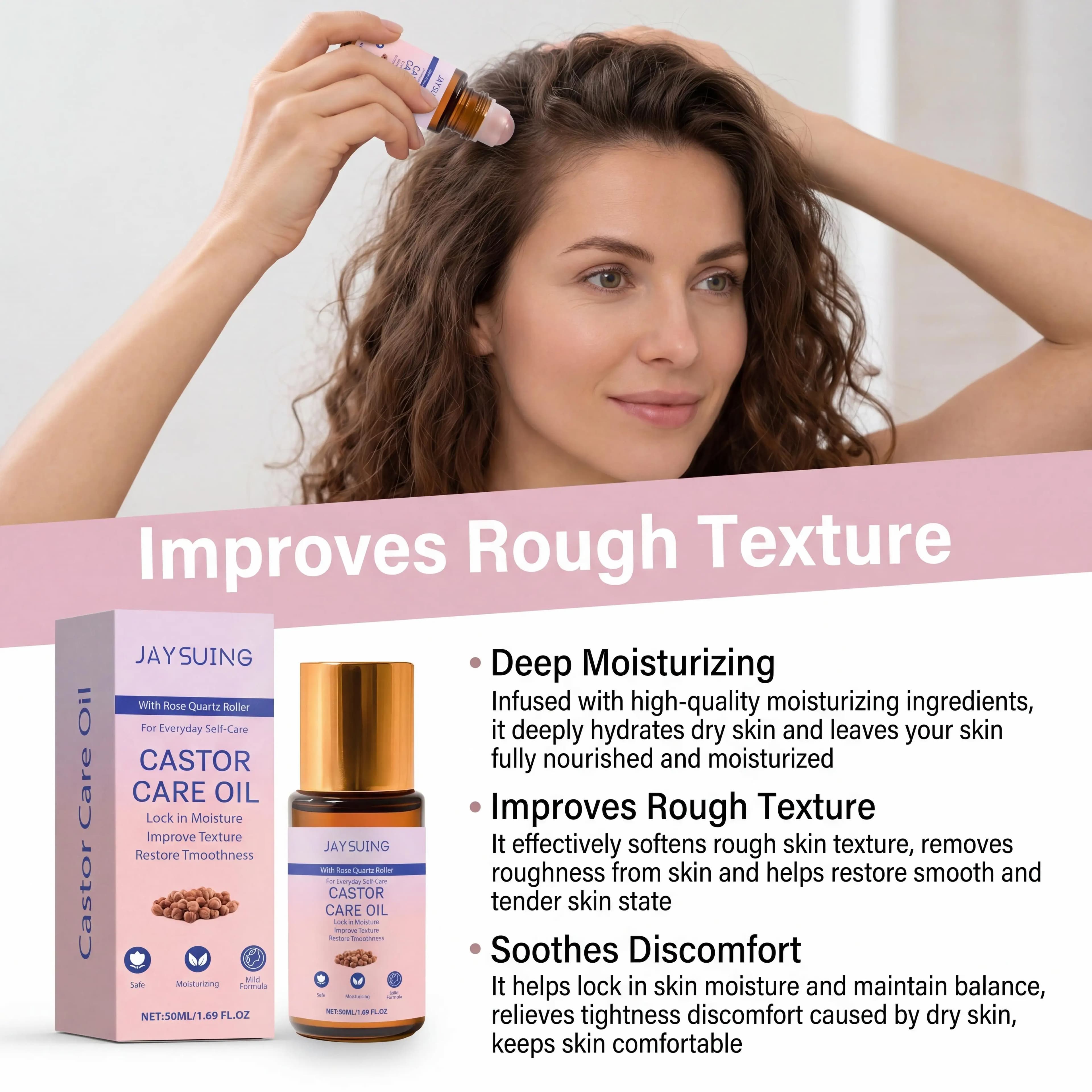 Huile de ricin biologique naturelle avec rouleau en quartz rose