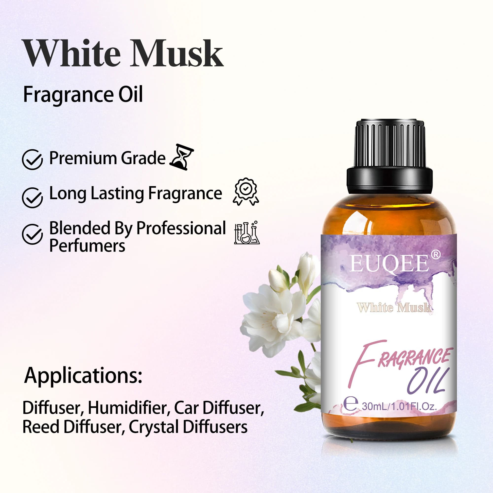 EUQEE 30ml huile parfumée Premium pour diffuseur aromathérapie noix de coco et vanille musc blanc gomme à bulles lilas arôme huiles parfumées