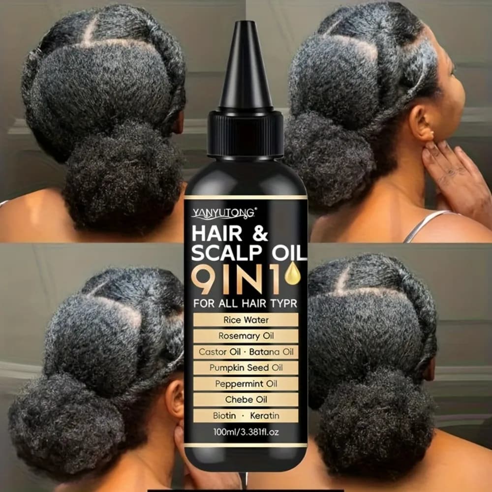 Huile capillaire 9 en 1 qui répare les racines des cheveux, nourrit et renforce les mèches, améliore les frisottis et les feuilles des cheveux doux et brillants.