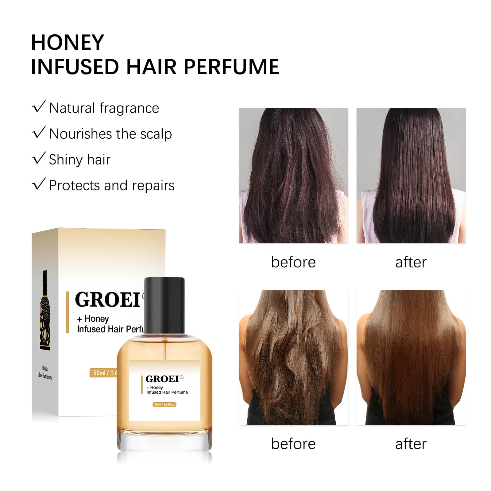 Parfum capillaire infusé au miel 50ml - Parfum naturel à l'huile d'argan, nourrit et ajoute de la brillance, protège et répare les cheveux abîmés