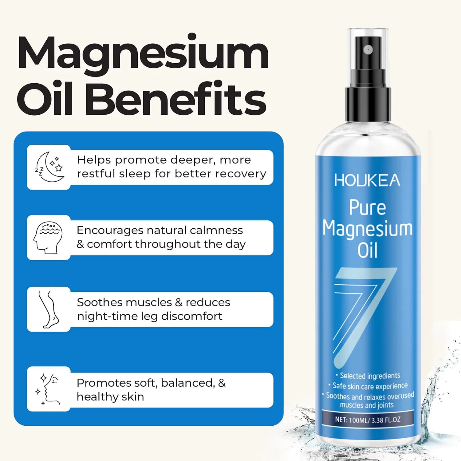Huile de magnésium pure en spray, chlorure de magnésium liquide de qualité pour les soins des pieds et du corps, spray pour améliorer la rugosité de la peau et une absorption rapide