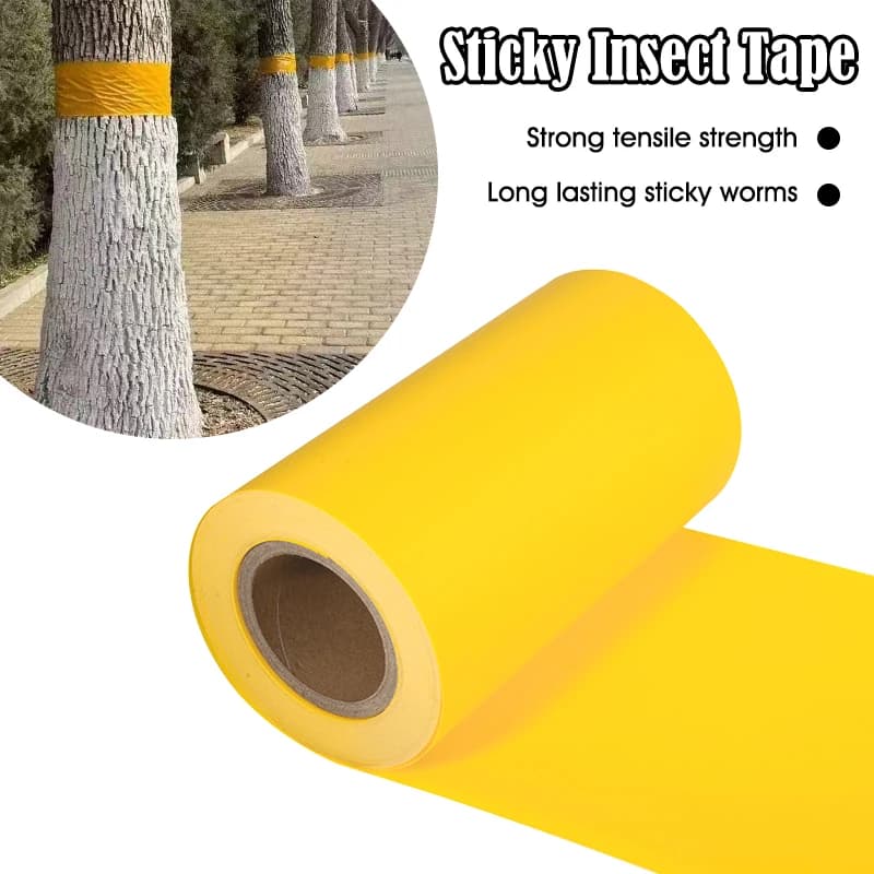 1 rouleau de ruban adhésif anti-insectes extérieur : rouleau collant double face jaune pour lutte antiparasitaire des arbres, pièges mouches blanches, fourmis, chenilles