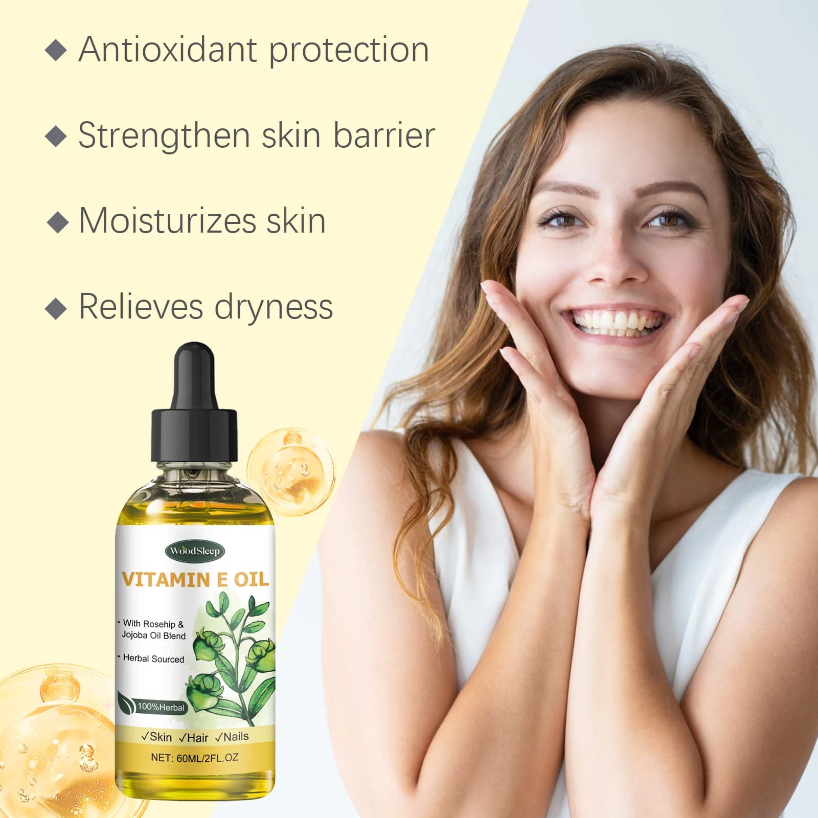Huile essentielle de vitamine E naturelle 60 ml pour massage, soin de la peau, raclage, douche, visage, corps, ongles, cheveux, soin des cils, soin quotidien universel