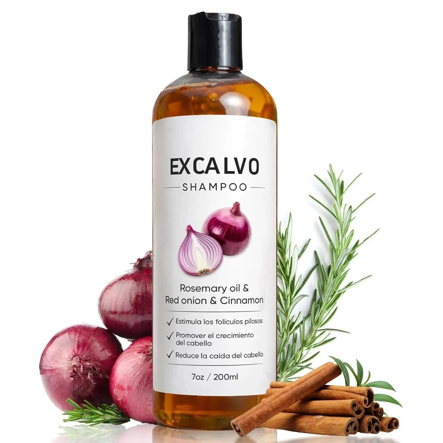 Shampoo à l'oignon et au romarin Excalvo 200 ml pour hommes, shampooing anti-chute de cheveux avec huile de cannelle, renforce les racines et stimule la densité des cheveux