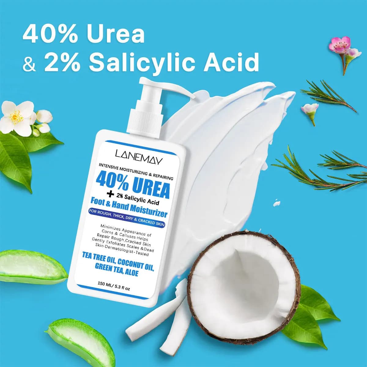 Crème pour les mains à l'urée et à l'acide salicylique, contenant de l'huile d'arbre à thé, de l'urée, d'acide salicylique et d'aloe vera, hydrate les mains et les pieds