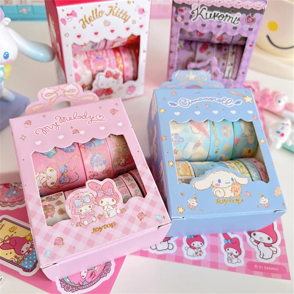 10 rouleaux/boîte Sanrio Hello Kitty Cinnamoroll, autocollants en ruban, autocollants mignons de dessins animés, autocollants à chaud pour carnet, jouets, cadeaux