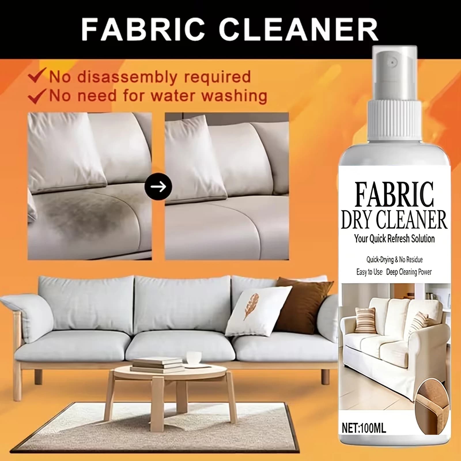 Nettoyant textile en spray 100 ml, séchage rapide, détachant pour tissus d'ameublement, tapis, sièges de voiture et meubles, sans résidus, facile à utiliser