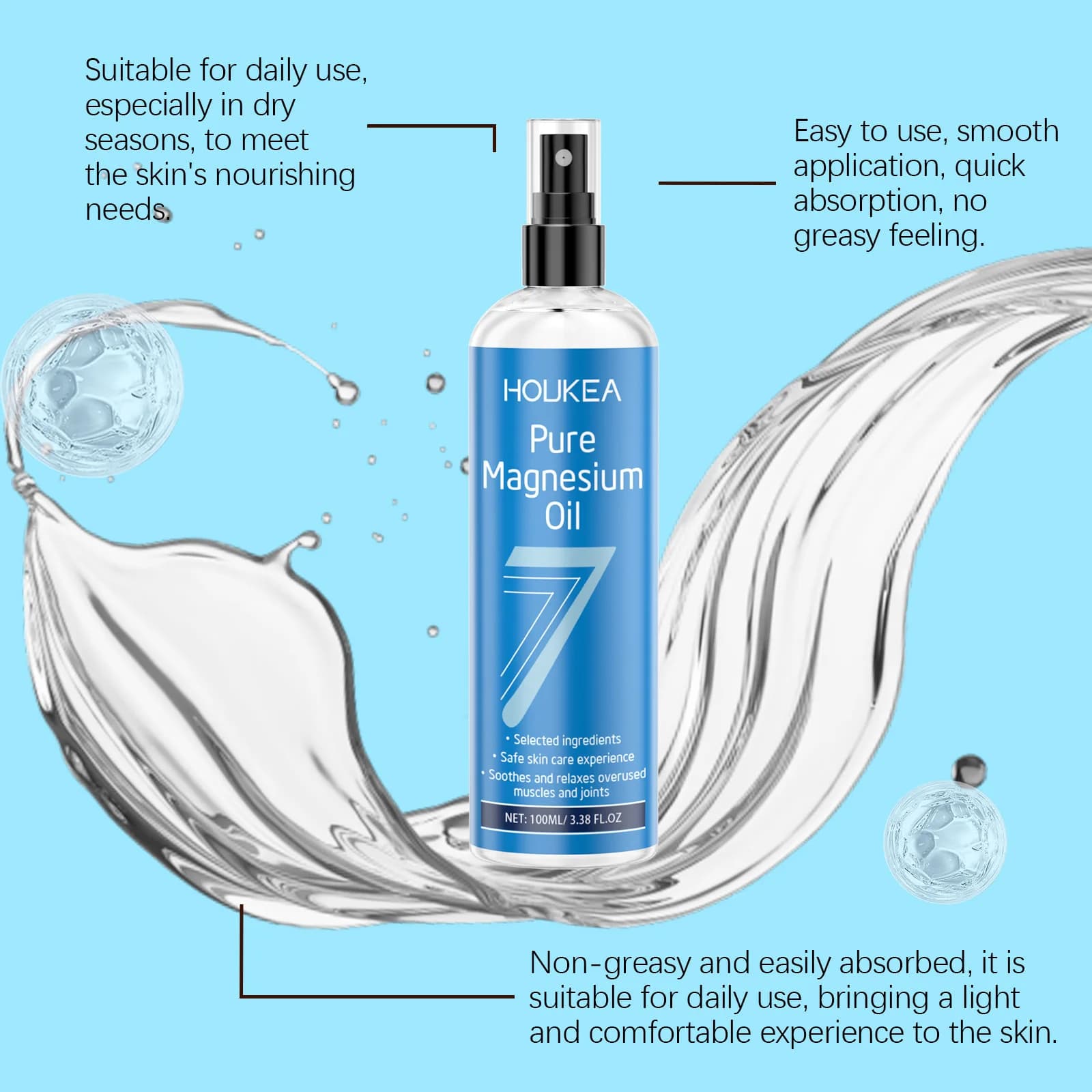 Huile minérale de magnésium en spray HOUKEA : Nourrit, hydrate et raffermit en douceur la peau – Soin hydratant et soin de la peau