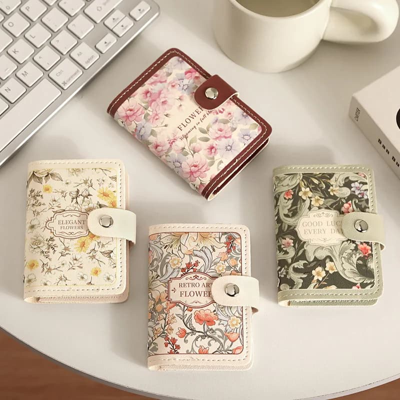 Nouveau porte-cartes à motif floral pour femmes, style vintage, porte-cartes bancaires et d'identité multi-emplacements, étui chic en cuir synthétique