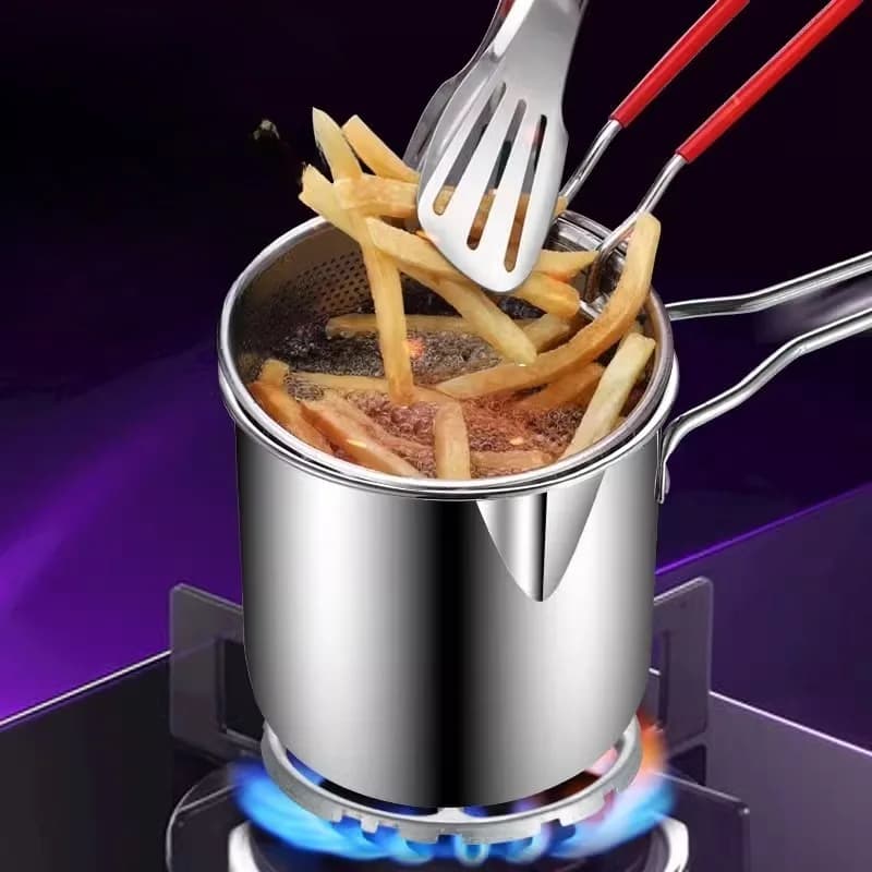 Petit Pot de friteuse en acier inoxydable de 1200ml, avec longue poignée et panier de passoire, économie d'huile pour cuisinière à Induction, cuisinière à gaz pour la maison