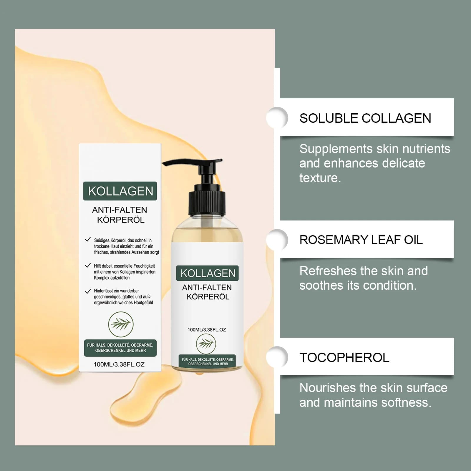 Huile corporelle anti-rides au collagène 100 ml, huile raffermissante pour le cou, le décolleté, les bras et les cuisses, huile de massage anti-âge