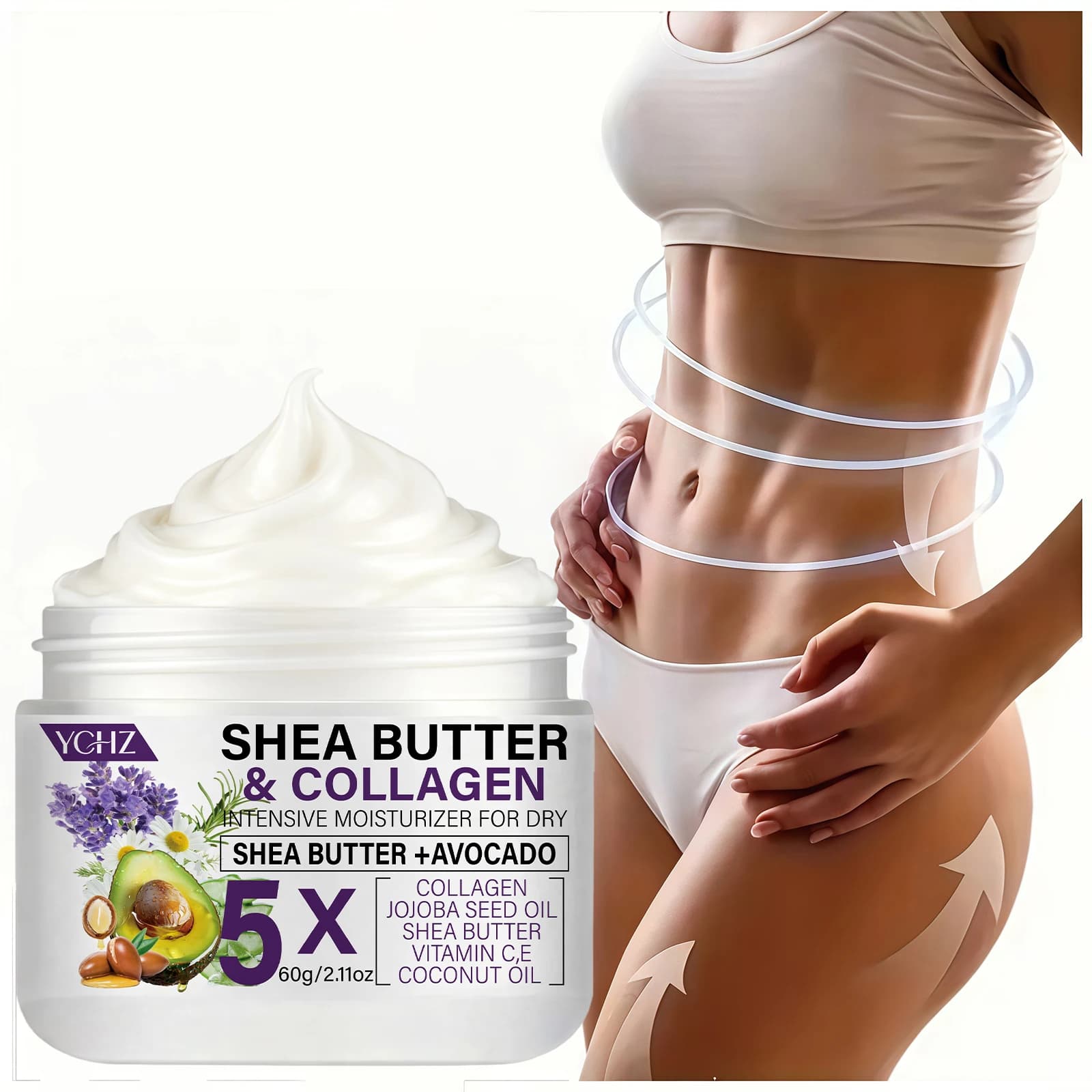 Crème raffermissante au beurre de karité et au collagène, crème raffermissante beige clair, adaptée aux cuisses, aux fesses, aux bras, à l'abdomen - et lotion pour le corps - 60G