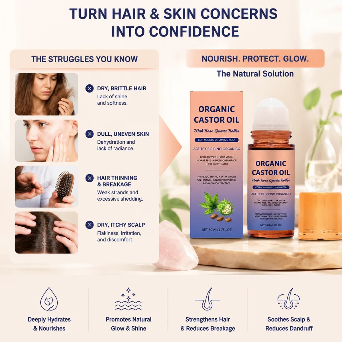 Huile de ricin bio pressée à froid sans hexane avec applicateur à bille en quartz rose, apaisante et hydratante pour le soin du visage et du corps