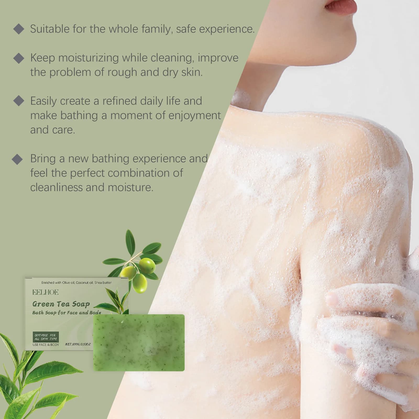 Savon au thé vert, contrôle de l'huile, réduit la sécheresse, élimine les peaux mortes, nettoyage en profondeur, hydratant, rafraîchissant, Anti-acné, barre de bain lisse